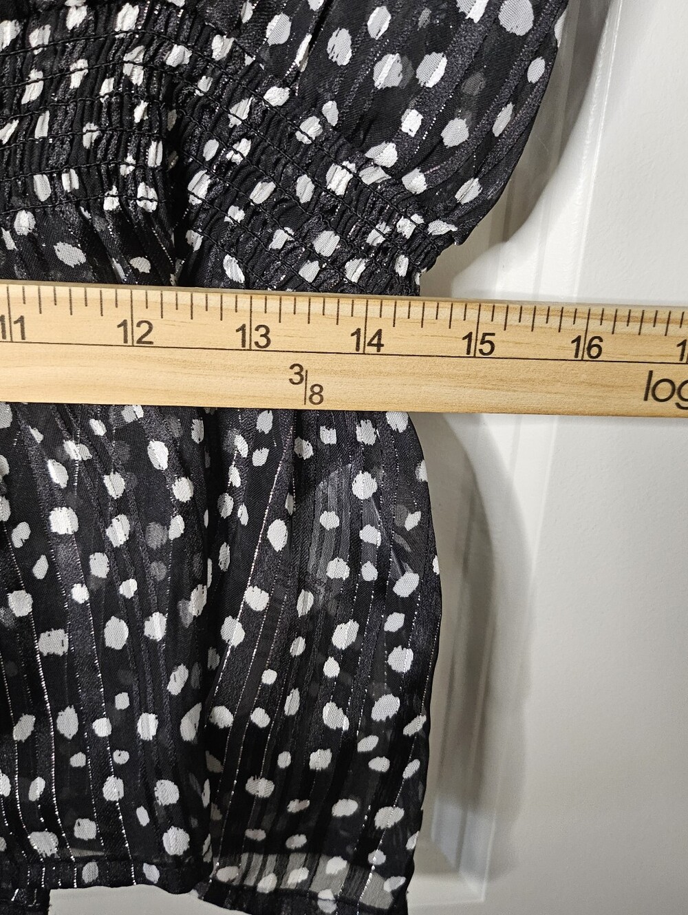 Emaline Petite Large Black Polka Dot Blouse Ruffle Smocked Peplum Sheer Metallic - Picture 11 of 14